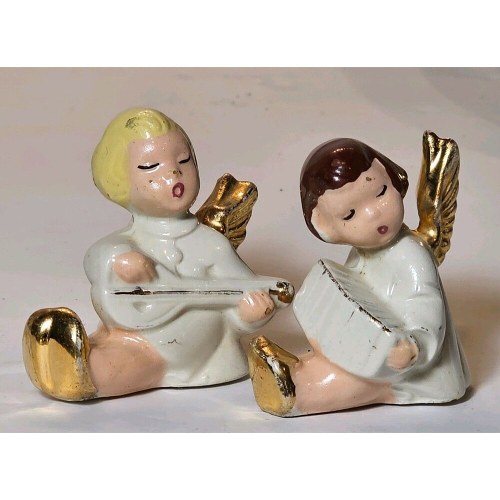 Vintage 1960s Japan Porcelain Angel Band Musician Figurines Gold Wings MCM Set
